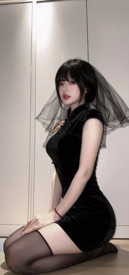 黑旗袍薄纱头纱美女室内跪姿人像摄影手机壁纸