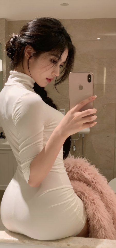 白紧身裙盘发美女浴室对镜自拍人像摄影手机壁纸