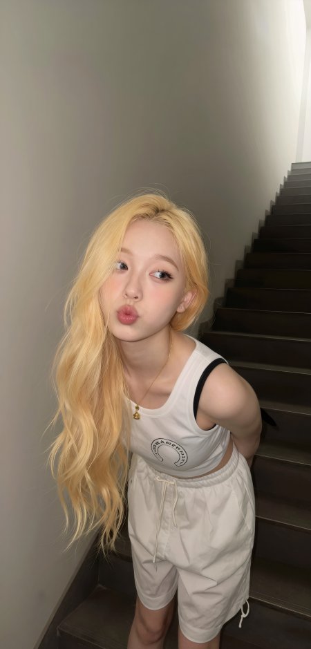 金发白背心美女楼梯间俏皮嘟嘴人像摄影手机壁纸