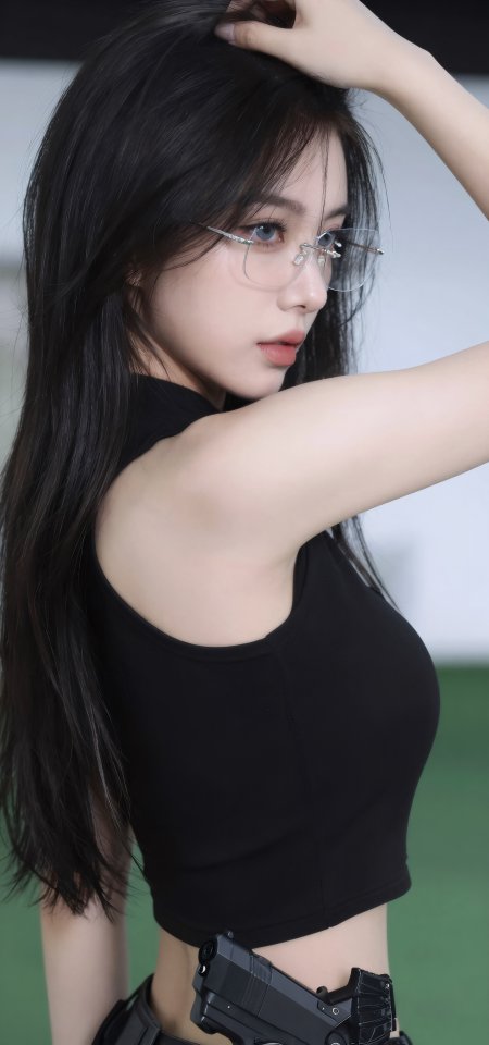 黑衣持枪眼镜美女侧身冷酷风人像摄影手机壁纸