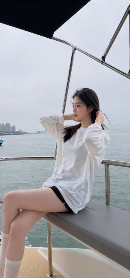 白T恤黑短裤美女游艇甲板休闲人像摄影手机壁纸