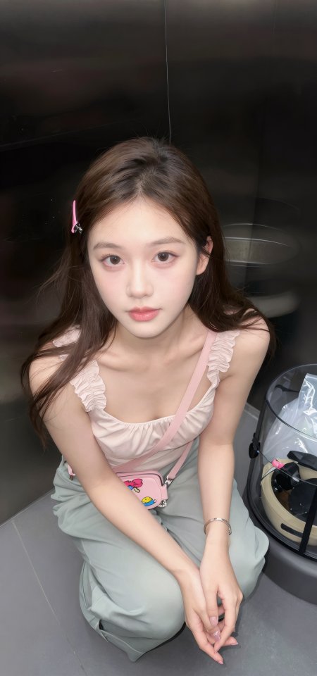粉色吊带美女室内蹲姿人像摄影手机壁纸