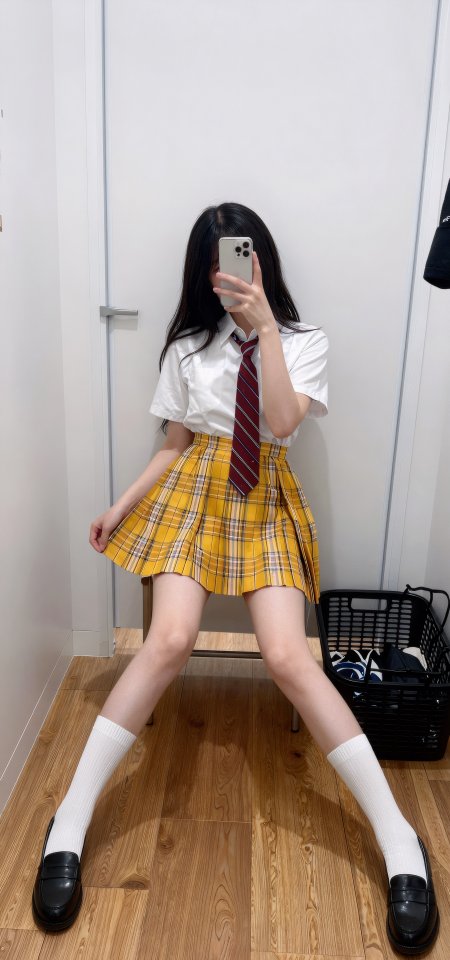 黄格裙白衬衫美女对镜自拍学院风人像摄影手机壁纸