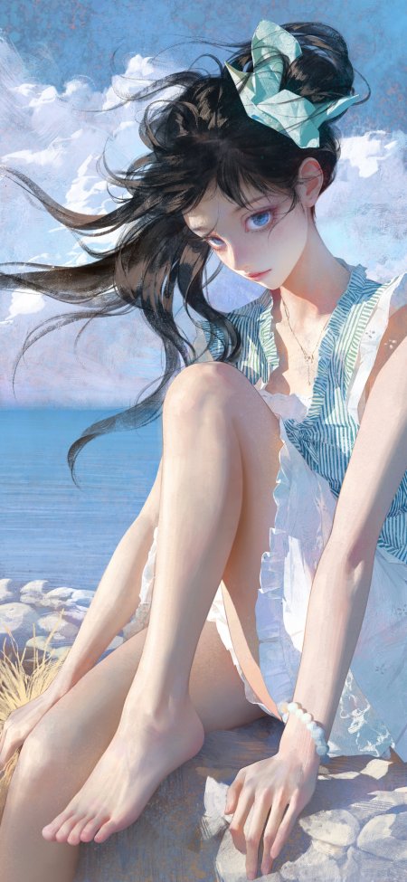蓝裙少女海边坐姿清新插画风格动漫手机壁纸