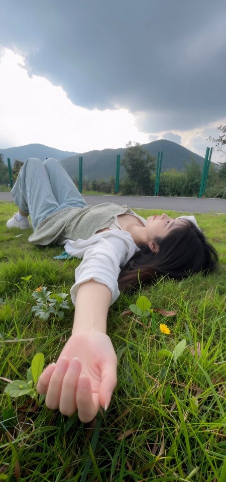 白衬衫灰长裤美女草地躺卧人像摄影手机壁纸