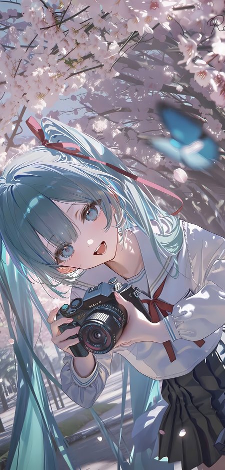 初音未来樱花树下持相机少女动漫手机壁纸