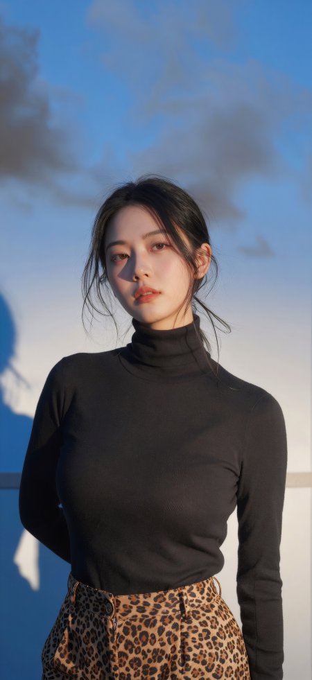 黑高领豹纹裤美女蓝天背景人像摄影手机壁纸