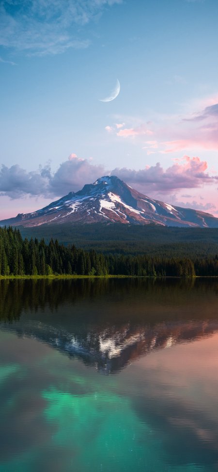 胡德山月夜湖面倒影雪山森林风光风景手机壁纸