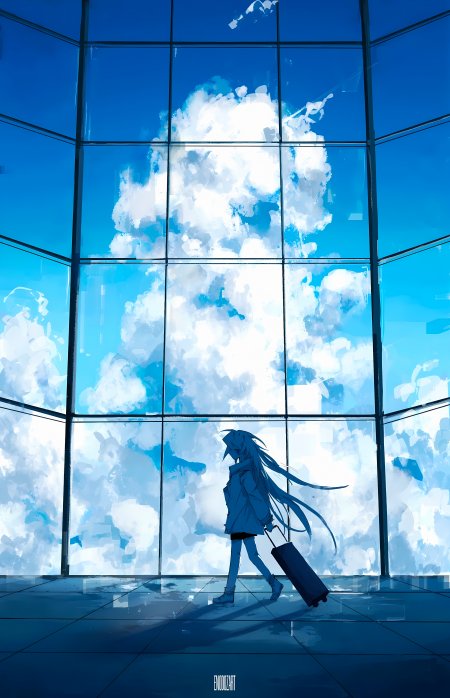 初音未来蓝天玻璃幕墙剪影少女动漫手机壁纸