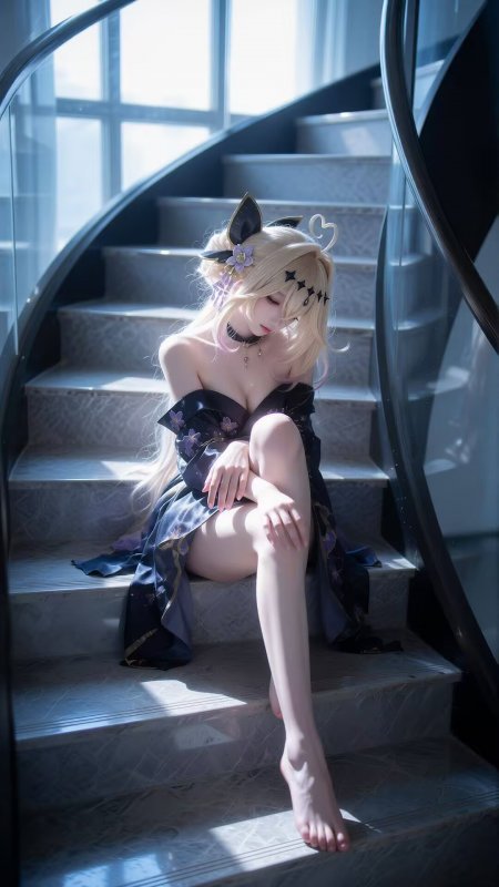 金发少女坐螺旋楼梯紫樱和服自然光cosplay人像摄影手机壁纸
