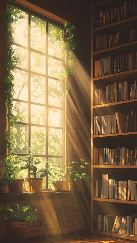 暖阳洒满书架藤蔓缠绕窗台绿植治愈书房角落动漫风景插画手机壁纸