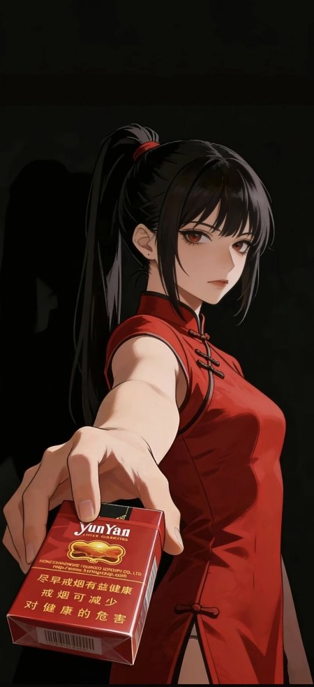 黑发马尾少女穿红旗袍递云烟香烟盒中式风格动漫人物插画手机壁纸