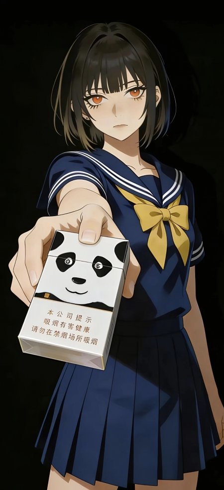 黑发齐肩少女穿水手服递熊猫香烟盒蓝黄配色动漫人物插画手机壁纸