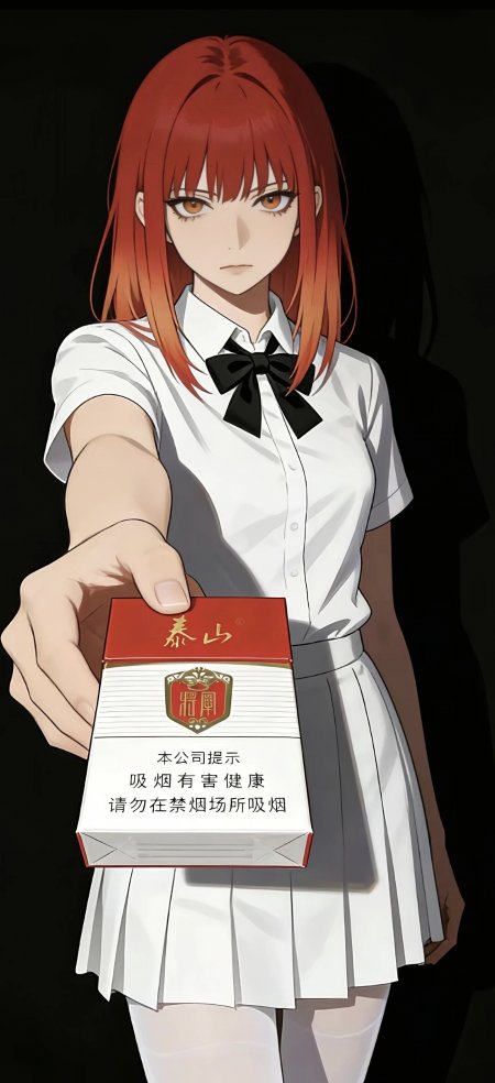 红发少女穿白衬衫递泰山香烟盒暗黑风动漫人物插画手机壁纸