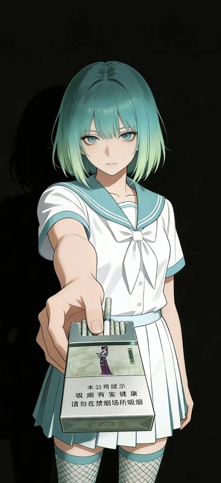青绿渐变发少女持打开香烟盒水手服造型动漫人物插画手机壁纸
