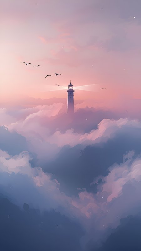 粉紫云海灯塔飞鸟翱翔梦幻天空唯美动漫风景插画手机壁纸