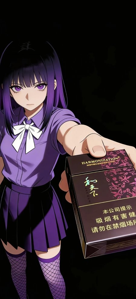 紫发少女穿紫衬衫递和天下香烟盒白领结造型动漫人物插画手机壁纸