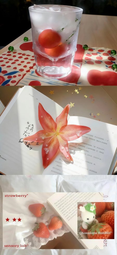 三格拼图含冰饮百合花草莓玩偶文艺拼贴生活静物摄影手机壁纸