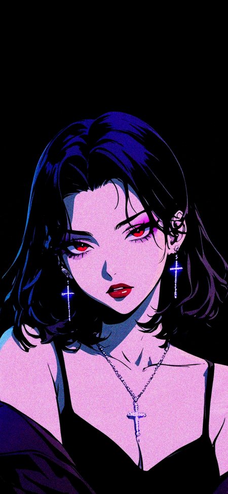 暗黑风红瞳紫肤十字架耳环冷酷少女动漫人物插画手机壁纸