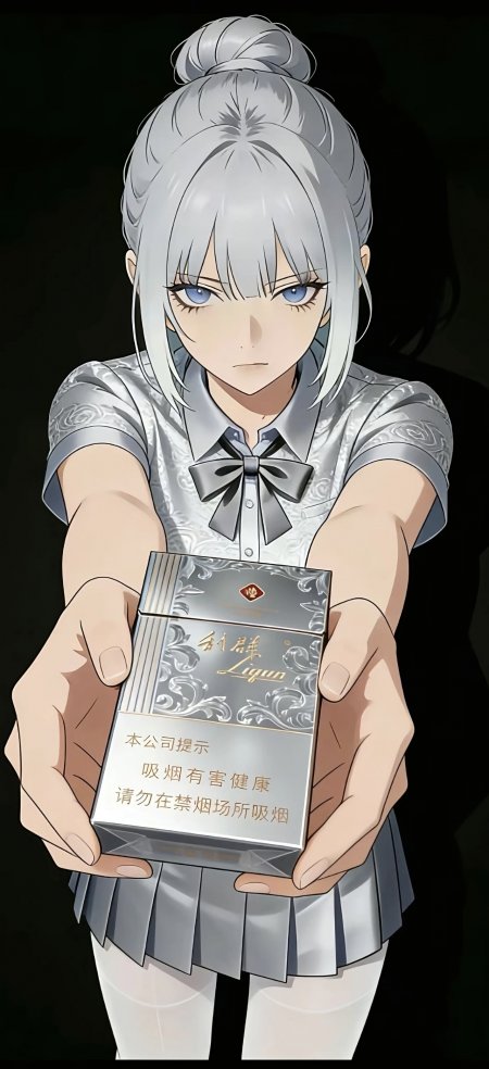 银发盘发少女持利群香烟盒灰调制服动漫人物插画手机壁纸