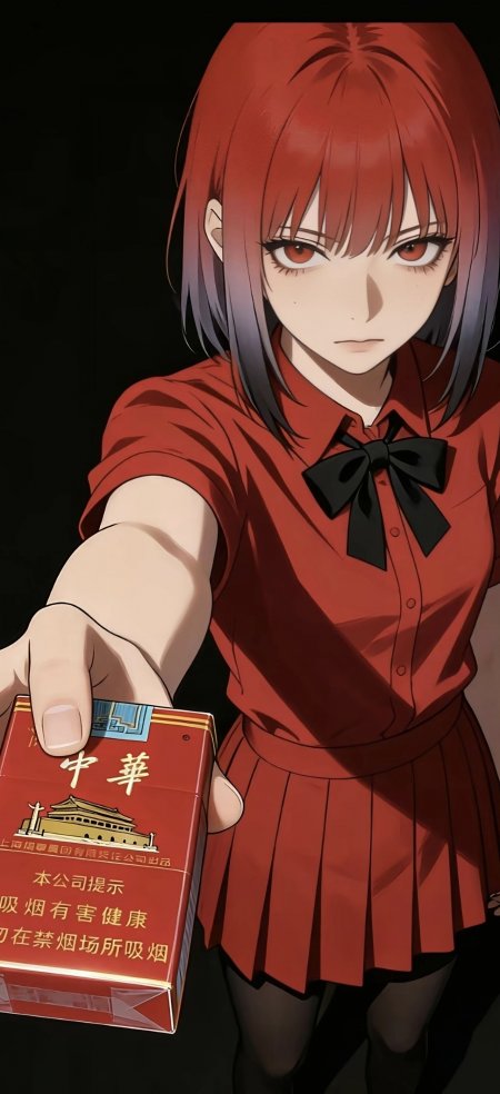 红发少女穿红衬衫递中华香烟盒黑领结设计动漫人物插画手机壁纸