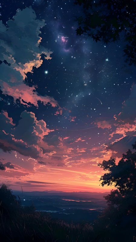 星河横贯云霞绚烂远山如黛湖畔静谧夜景动漫风景插画手机壁纸