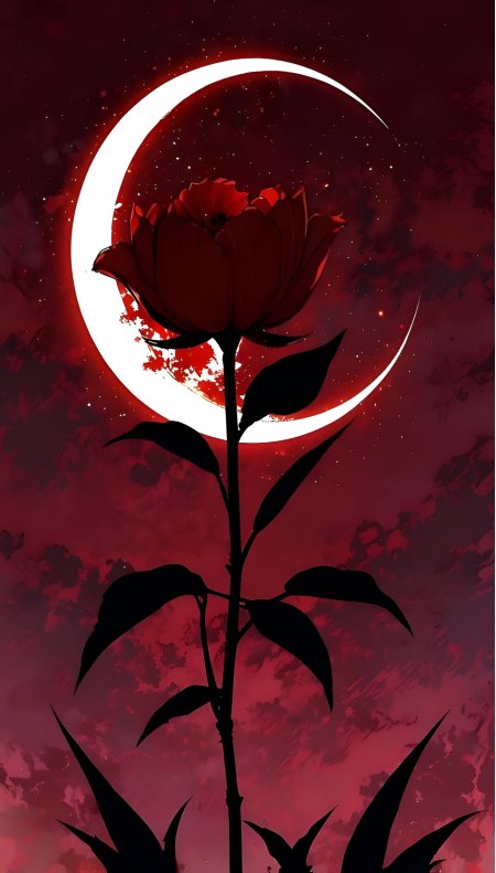 红月之下玫瑰剪影暗黑哥特风动漫风景插画手机壁纸