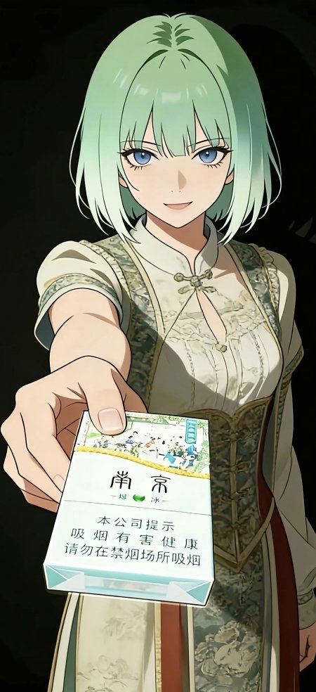 绿发短发少女持南京爆冰香烟盒古风服饰动漫人物插画手机壁纸