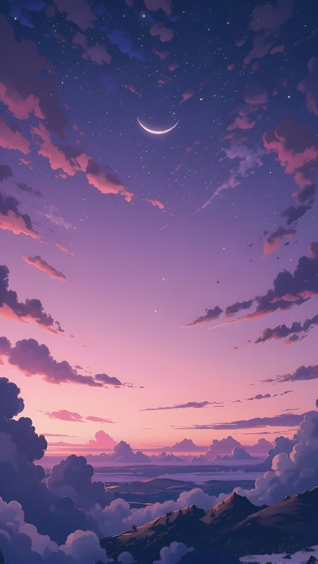 粉紫云海月牙高悬山峦起伏梦幻黄昏动漫风景插画手机壁纸