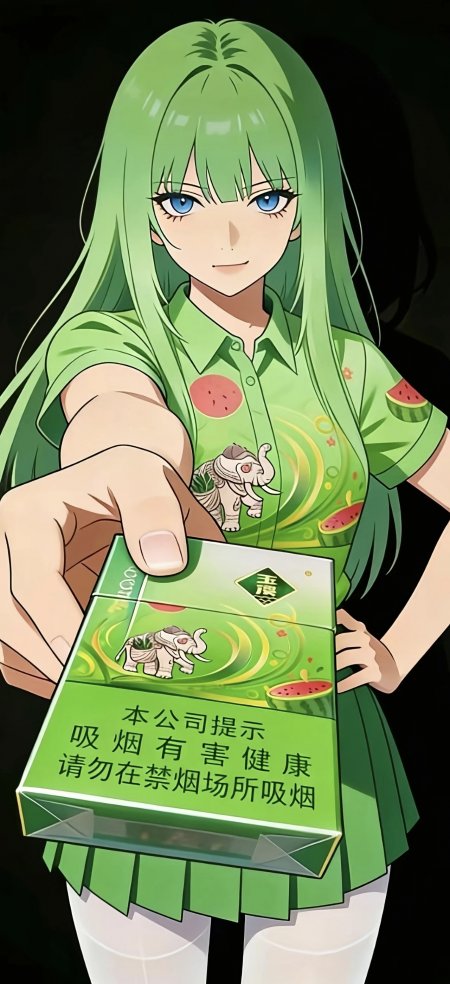 绿发少女手持西瓜味香烟盒动漫角色创意插画手机壁纸
