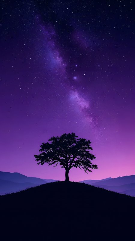 孤树剪影银河横跨紫色夜空静谧山丘动漫风景插画手机壁纸