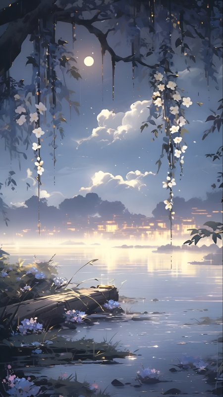 月光穿透垂柳白花湖面倒影远处灯火朦胧动漫风景插画手机壁纸