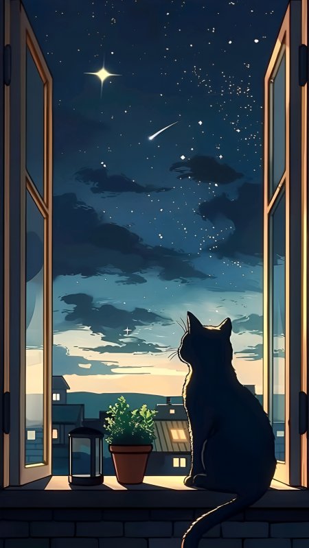 黑猫静坐窗台仰望流星划过深蓝星空温馨夜景动漫风景插画手机壁纸