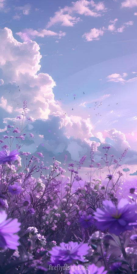 紫花海映衬蓝天白云飞鸟掠过治愈系动漫风景插画手机壁纸