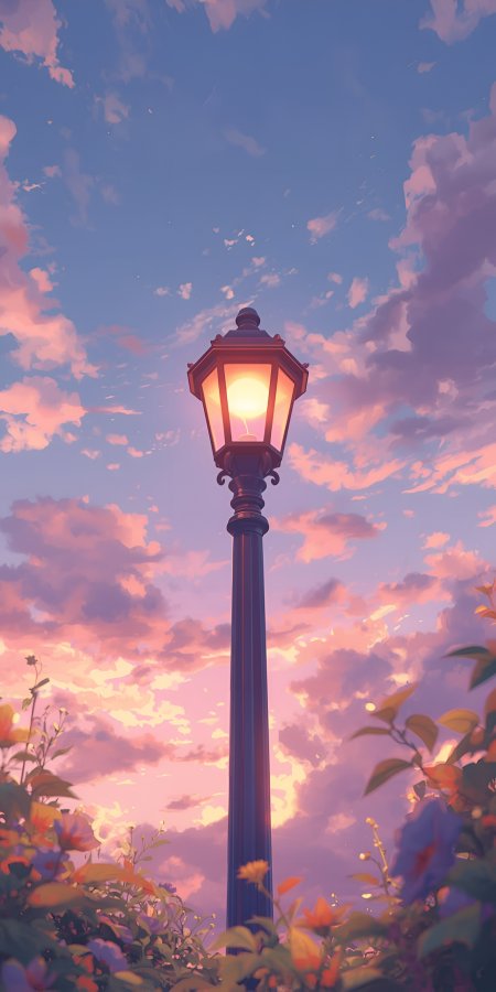 路灯暖光穿透粉云花丛环绕温柔黄昏动漫风景插画手机壁纸