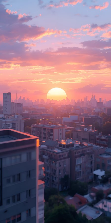 夕阳染红城市天际线高楼林立温暖黄昏动漫风景插画手机壁纸