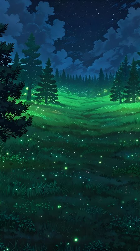 暗夜森林萤火虫飞舞绿色光点神秘自然动漫风景插画手机壁纸