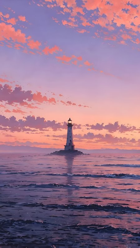 灯塔矗立海面晚霞铺天波光粼粼治愈海景动漫风景插画手机壁纸