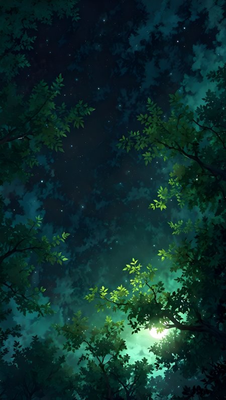 绿叶环绕星空月光穿透林间幽深夜色动漫风景插画手机壁纸