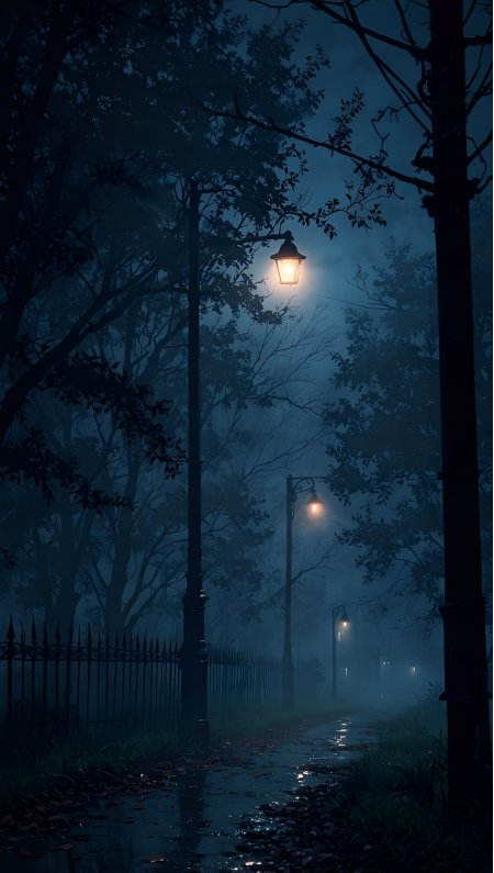 雾夜小径路灯昏黄铁栏旁落叶满地幽深林道动漫风景插画手机壁纸