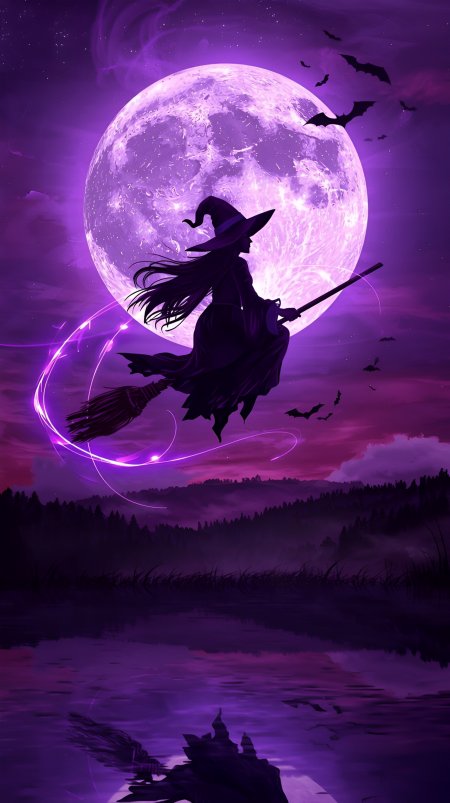 女巫骑扫帚飞越紫月湖面蝙蝠环绕魔法夜景动漫风景插画手机壁纸