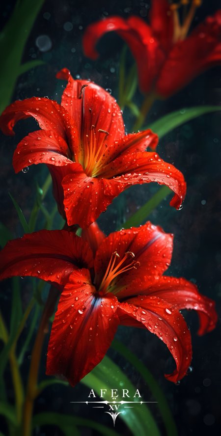 红色百合花雨滴晶莹暗调写实动漫风景插画手机壁纸