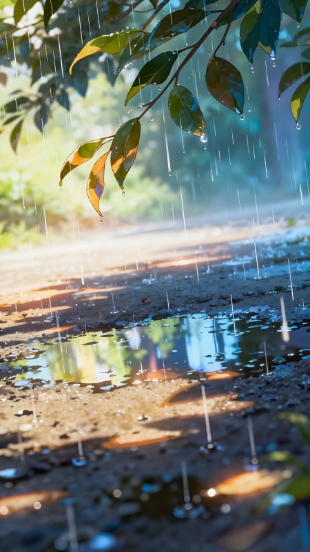 雨滴滑落绿叶阳光穿透水洼清新雨后街景动漫风景插画手机壁纸