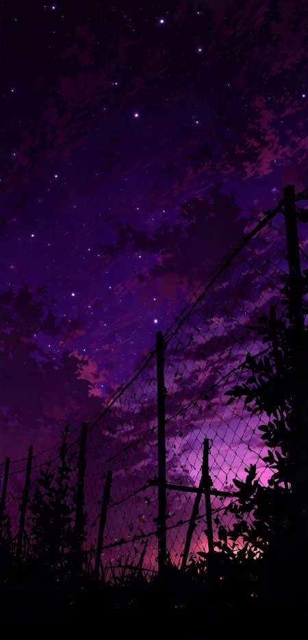 铁丝网围栏仰望紫霞星空暗夜树影动漫风景插画手机壁纸