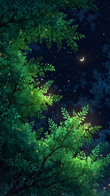 绿叶间萤火飞舞弯月高悬深蓝夜空动漫风景插画手机壁纸