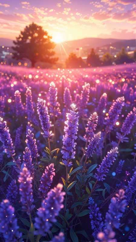 紫色薰衣草花田沐浴金色夕阳梦幻光斑动漫风景插画手机壁纸