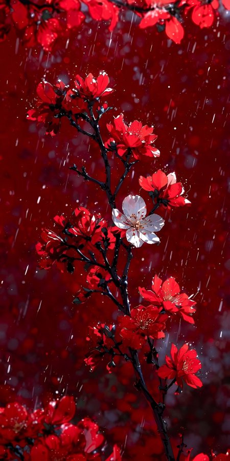 雨中红梅白瓣点缀枝头动漫风景插画手机壁纸