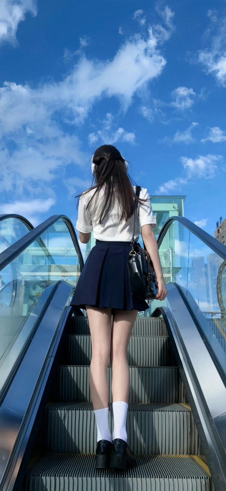 长发少女穿白衬衫百褶裙乘扶梯仰望蓝天青春人像摄影电脑壁纸
