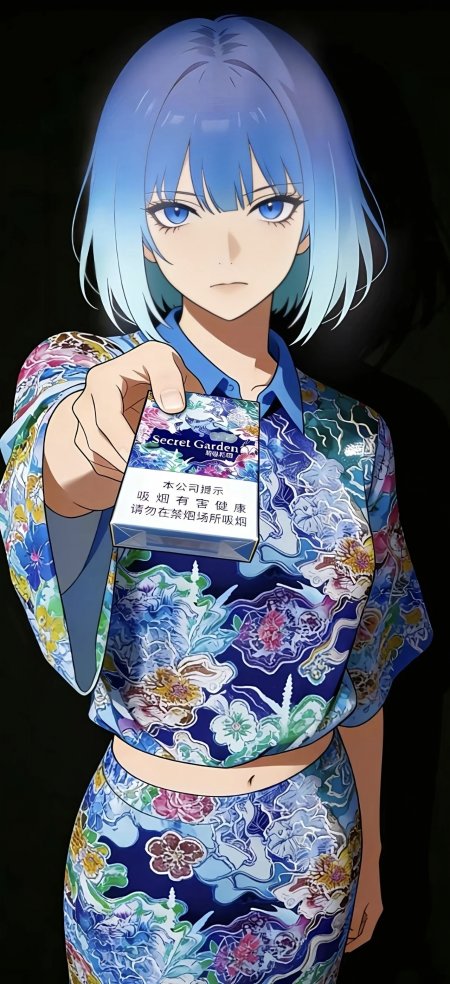 蓝发少女穿花衬衫递秘密花园香烟盒奇幻风格动漫人物插画手机壁纸