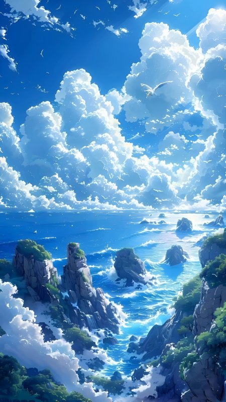 碧海蓝天巨浪拍岸飞鸟翱翔壮阔海景动漫风景插画手机壁纸